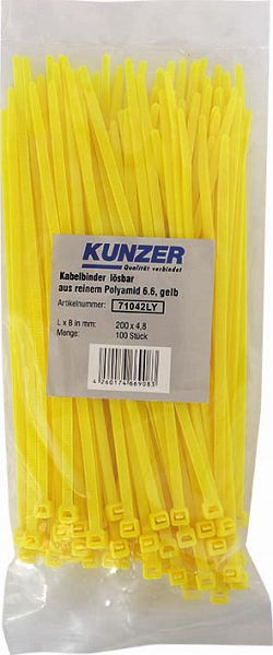 Kunzer kabelbindere 200 x 4,8 gul (100 styk) aftagelig, 71042LY