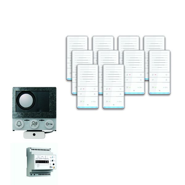 System sterowania drzwiami TCS audio: instalacja pakietowa na 10 jednostek mieszkalnych, z wbudowanym głośnikiem ASI12000, 10x głośnikiem głośnomówiącym ISW5031, centralą BVS20, PAIF100/002