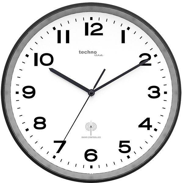 Rádiové nástěnné hodiny Technoline černé, rádiem ovládané hodiny z plastu, rozměry: Ø 30 cm, DCF-77, WT 8500 černé
