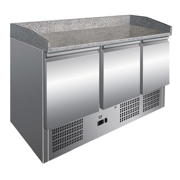 Gastro-Inox køledisk i rustfrit stål med 3 døre og marmorbordplade, tvungen luftkøling, nettokapacitet 400 liter, 202.008