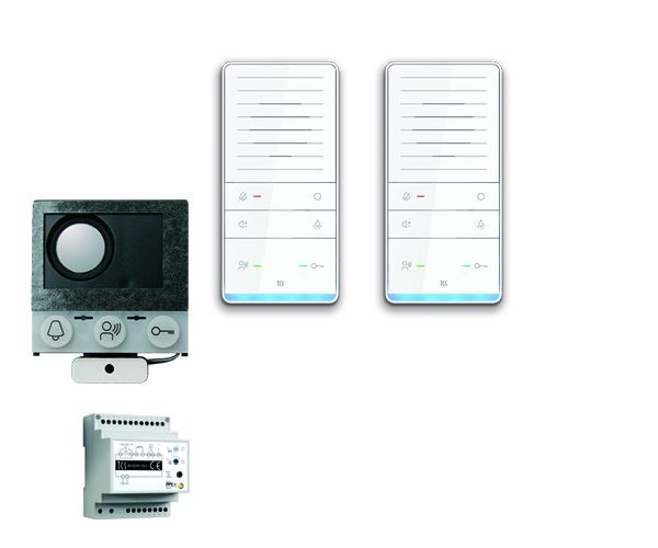 System kontroli drzwi TCS audio: instalacja pakietowa dla 2 jednostek mieszkalnych, z wbudowanym głośnikiem ASI12000, 2x głośnomówiący głośnik ISW5031, centrala BVS20, PAIF020 / 002