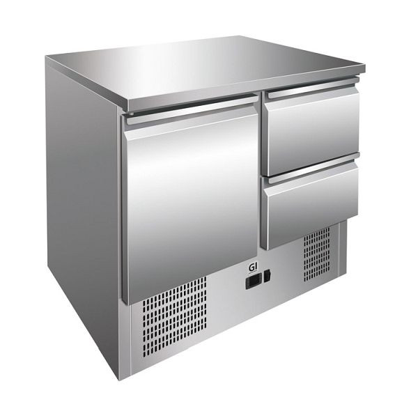 Gastro-Inox rozsdamentes hűtőpult 1 ajtós és 2 fiókos, léghűtéses, nettó űrtartalom 257 liter, 202.011