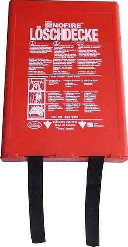 DENIOS požární deka NoFire, 1200 x 1800 mm, pevná tkanina ze skelného vlákna, v plastové nástěnné krabici, 145-529