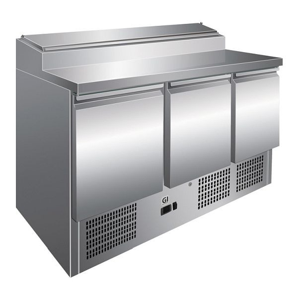 Saladette de aço inoxidável Gastro-Inox com 3 portas e 8 unidades de preparação Gastronorm 1/6, refrigeração por ar forçado, capacidade líquida 400 litros, 202.006