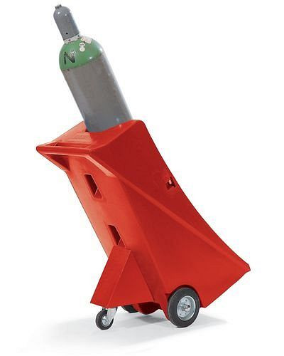 DENIOS vozík na plynové láhve GFW-1 vyrobený z polyetylenu (PE), na 1 plynovou láhev (Ø 320 mm), s opěrným kolečkem a upínacím popruhem, 156-435