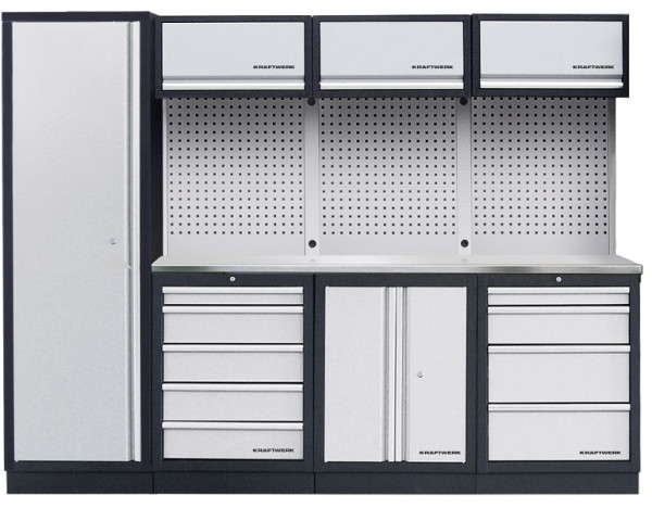 Kraftwerk MOBILIO 4-elements værkstedsskabssystem med rustfri INOX bordplade, med firkantet perforeret væg, 3964BIX