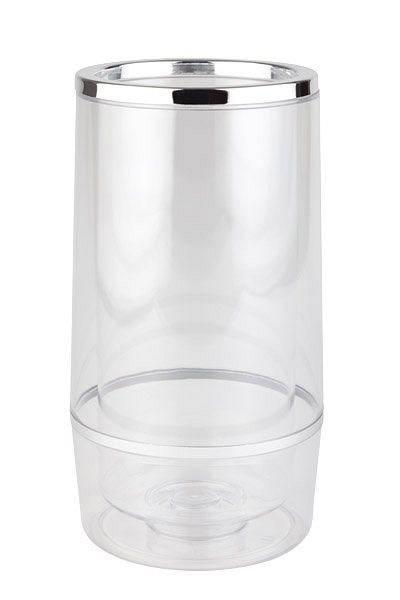 APS palackhűtő, külső Ø 12 cm, magasság: 23 cm, PS, átlátszó, belső Ø 10 cm, duplafalú, széle/gyűrű krómozott, 36032