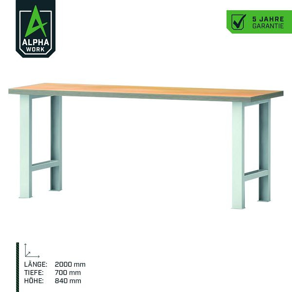 Alpha Work-seriens arbejdsbord Basic, 2000 x 840 x 700 mm, lysegrå, bøg multiplex top, 07271