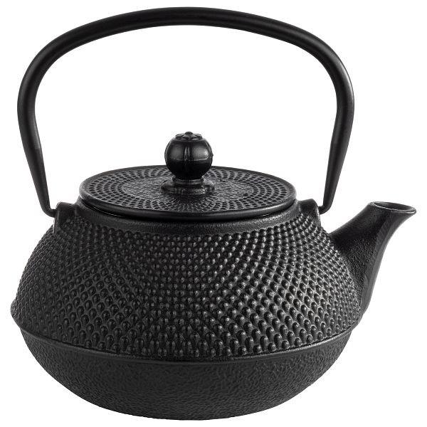 Czajniczek APS -ASIA-, 17 x 14 x 17 cm, żeliwo, emaliowane wewnątrz, 0,8 litra, czarny, ze zdejmowaną pokrywką, w tym sitko do herbaty, wykonane ze stali nierdzewnej, 10995