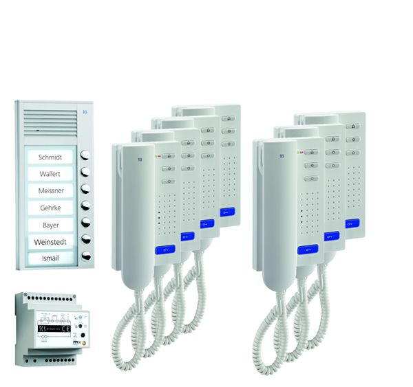 System sterowania drzwiami TCS audio: pakiet AP na 7 jednostek mieszkalnych, ze stacją zewnętrzną PAK 7 przycisków dzwonkowych, 7x domofon ISH3030, centrala BVS20, PPA07-PL / 02