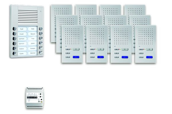 Comando de porta áudio TCS: pack AP para 12 unidades residenciais, com botoneira PES 12 botões de campainha, 12x altifalante mãos-livres ISW3030, dispositivo de controlo, PPAF12-EN/02
