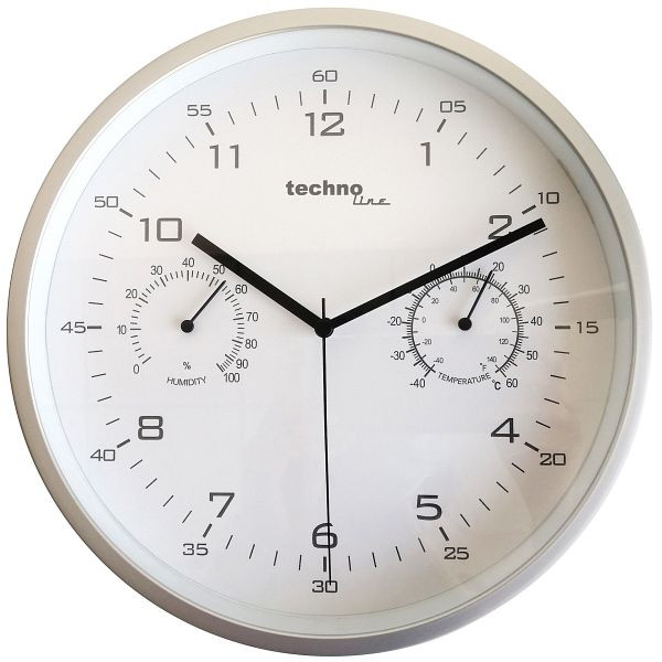 Kwarcowy zegar ścienny Technoline, plastikowa ramka, wymiary: Ø 250 mm, wyświetlacz temperatury wewnętrznej, wyświetlacz wilgotności powietrza wewnętrznego, WT 653