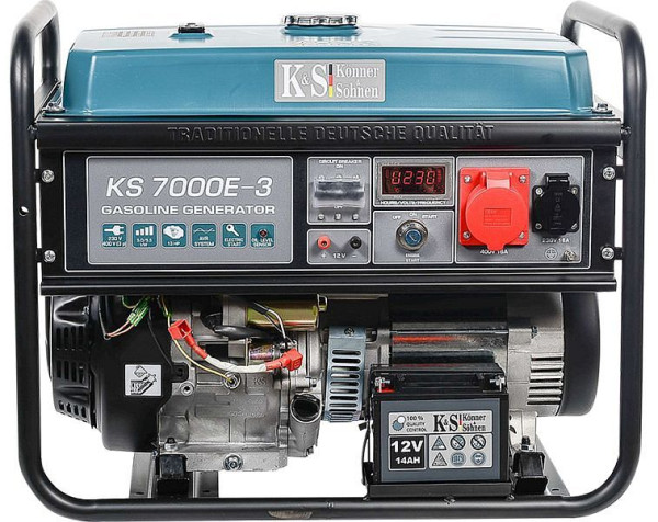 Könner & Söhnen 5500W bensiinin sähkökäynnistysvirtageneraattori, 1x16A(230V)/1x16A(400V), 12V, volttisäädin, matalaöljysuoja, ylijännitesuoja, näyttö, KS 7000E-3