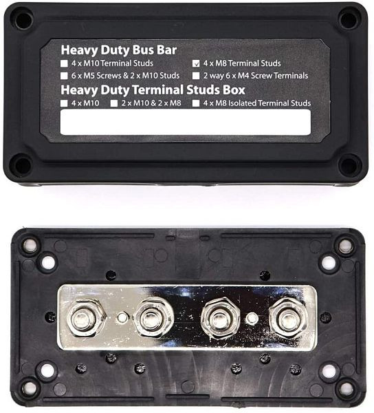 Offgridtec BusBar Box 4 x M8 tilslutningsbolte inklusive dæksel og fastgørelsesskruer sort, 8-01-012830