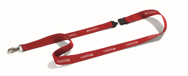 HOLDBAR tekstilrem med karabinhage, rød rem med hvidt print "VISITOR", 10 stk. 823803