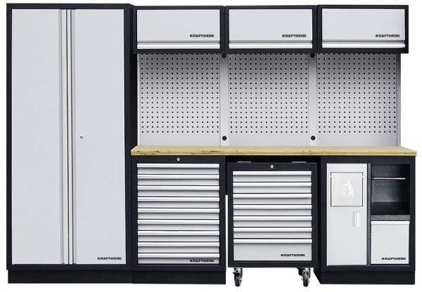 Kraftwerk MOBILIO 4-elementowy system szaf warsztatowych z szafką na kółkach, z kwadratową ścianką perforowaną, 3964D