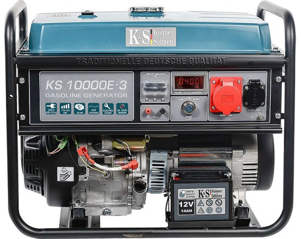 Könner & Söhnen 8000W benzin E-start strømgenerator, 1x16A(230V)/1x16A(400V), 12V, volt regulator, lav oliebeskyttelse, overspændingsbeskyttelse, display, KS 10000E-3