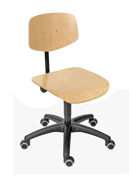 Pracovní židle Lotz, sedák/opěradlo přírodní buk, lakováno, černá plastová podnož, dvojitá kolečka, výška sedáku 445-635 mm, 6162.12