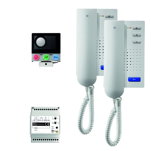 Sistema de videoporteiro TCS instalação audio:pack para 2 unidades residenciais, com altifalante integrado ASI12000, 2x porteiro eletrônico ISH3130 e dispositivo de controlo BVS20, PAIH020/002