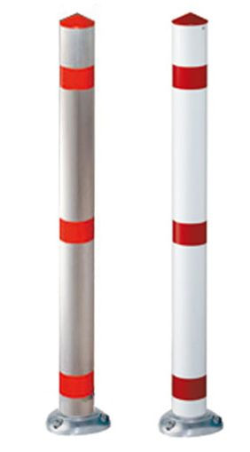 Afzetpaal "Acero" Ø76mm van aluminium, voor deuvels, (basisplaat Ø140mm), vooraf bepaald breekpunt, naturel 3 rode reflecterende strepen, 13451