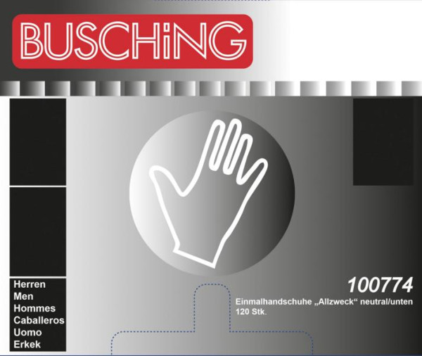 Rękawiczki jednorazowe Busching „uniwersalne”, bezbarwne, wyjmowane od dołu, 1 x pudełko z dozownikiem (120 szt.), opak. 10 sztuk, 100774