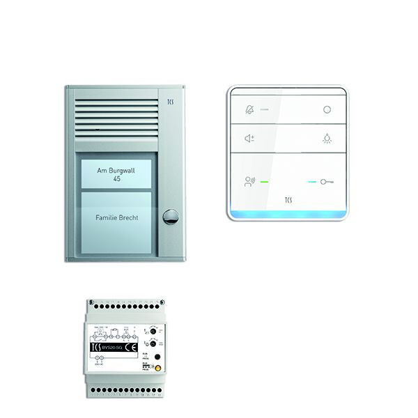 Zvuk systému ovládání dveří TCS: balíček AP pro 1 bytovou jednotku, s venkovní stanicí PAK 1 zvonkové tlačítko, 1x reproduktor handsfree ISW5010, řídicí jednotka BVS20, PSC2310-0000
