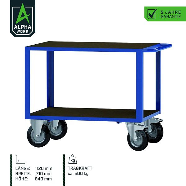 Alpha pracovní stolní vozík Basic, 1120 x 710 x 840 mm, hořcová modrá, nosnost 500 kg, 07277