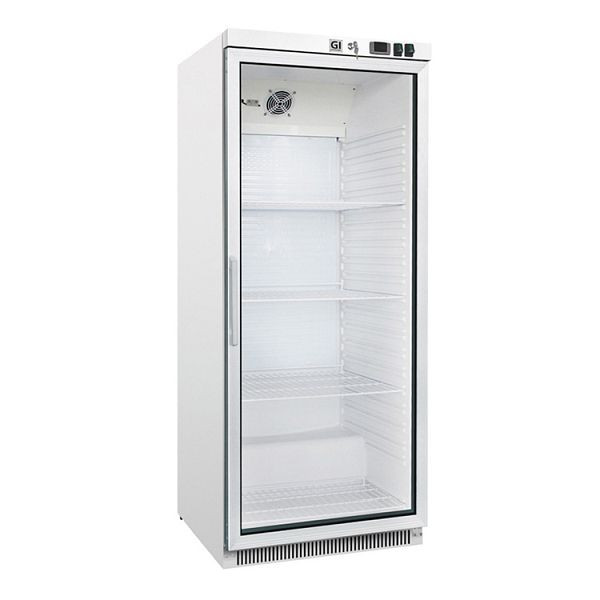 Fehér acél gasztro-inox hűtőszekrény üvegajtóval 600 literes, ventilátoros statikus hűtés, nettó űrtartalom 580 liter, 204.004