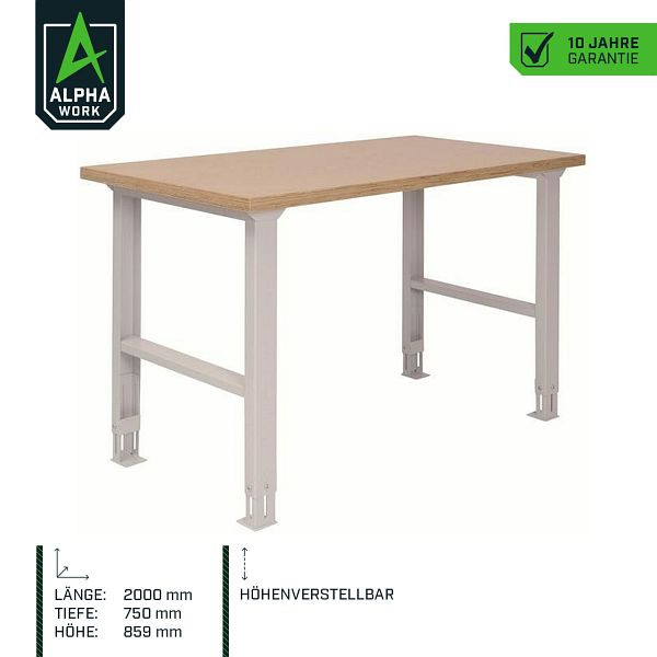 Alpha Work řadový pracovní stůl Prime, 2000 x 859 x 750 mm, světle šedý, výškově nastavitelný, 07671