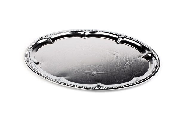 APS buli tányér, ovális, 46 x 34 cm, fém, nikkelezett és fényes krómozott, hengerelt él, 48 db-os csomag, 00391