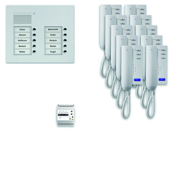 Systém ovládání dveří TCS audio: balení UP pro 10 bytových jednotek, s venkovní stanicí PUK 10 zvonkových tlačítek 2 sloupce, 10x dveřní telefon ISH3030, ovládání, PPU10 / 2-EN / 02