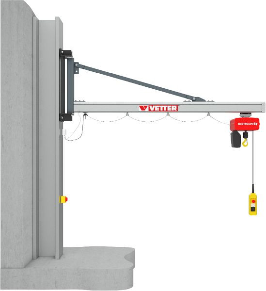 Guindaste giratório de parede Vetter 500 kg, 3,9 m UNILIFT + suporte de armazenamento padrão + talha elétrica de corrente, UW5-3.9+SiXX4F-BL