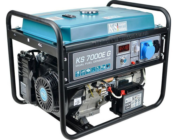 Könner & Söhnen 5500W, DUAL FUEL bensiini/nestekaasu, E-start, HYBRID generaattori, 1x16A(230V)/1x32A(230V), 12V, volttisäädin, näyttö, KS 7000E G