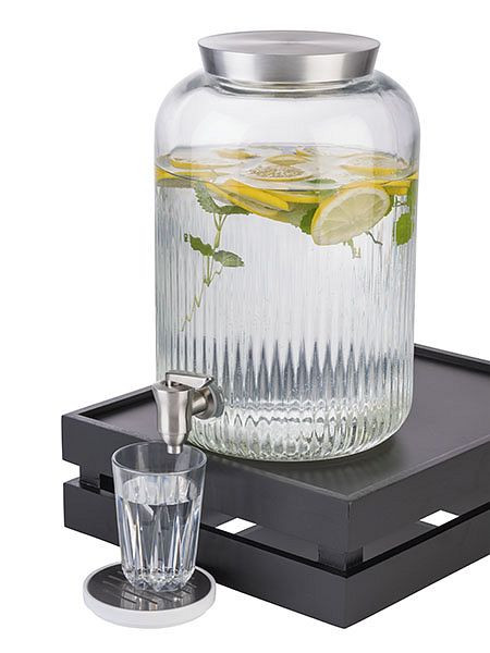Distribuitor de băuturi APS, Ø 20 cm, înălțime: 30,5 cm, 7 litri, sticlă, oțel inoxidabil, cu capac și robinet, 10855
