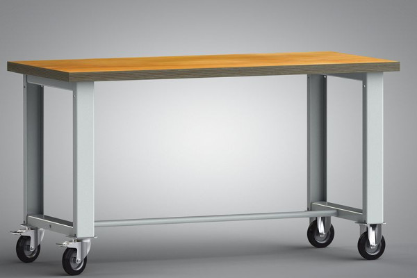 Mobilny stół warsztatowy KLW standardowy - 1500 x 700 x 840 mm w wersji rozłożonej z bukową płytą multiplex 1500 x 700 x 40 mm, WS885N-1500M40-X7000
