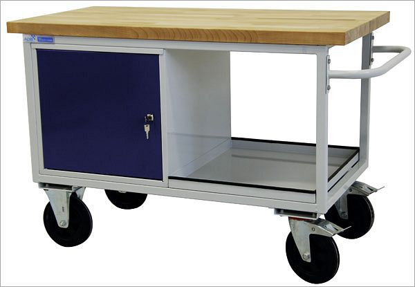 Stolní vozík ADB s 1 skříňkou z ocelového plechu, 840x1300x600 mm, barva stolního vozíku: světle šedá, RAL 7035, barva dvířek/zásuvek: světle modrá (RAL 5012), 42743