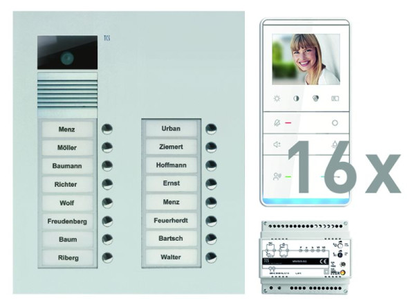 Systém ovládání dveří TCS video: balení UP pro 16 bytových jednotek, s předními dveřmi AVU 16 zvonkových tlačítek, 16x video handsfree reproduktor IVW5111, řídicí jednotka, PVU17160-0010