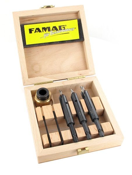 Famag boor- en verzinkzinkset in houten kist, 4-delig, Ø 4, 5 en 6 mm inclusief diepteaanslag, 3577.504.00