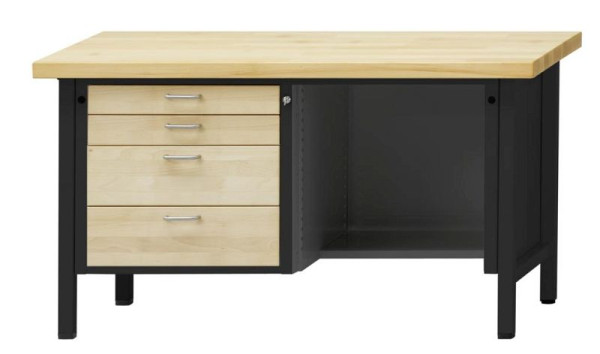 Pracovní stoly ANKE skříňový pracovní stůl; 1500x700x850mm; Masivní buková deska 50mm; Vlevo 4 zásuvky 90, 90, 180, 180mm; Reset vpravo dole, 310122