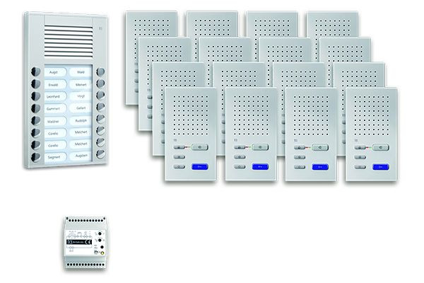 System sterowania drzwiami TCS audio: pakiet AP na 16 jednostek mieszkalnych, ze stacją zewnętrzną PES 16 przycisków dzwonka, 16 głośników głośnomówiących ISW3030, centrala, PPAF16-EN / 02