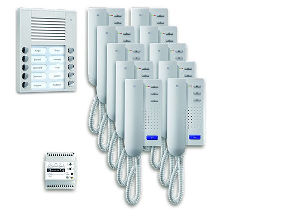 System sterowania drzwiami TCS audio: pakiet AP na 10 jednostek mieszkalnych, ze stacją zewnętrzną PES 10 przycisków dzwonkowych, 10x domofon ISH3030, centrala BVS20, PPA10-EN / 02