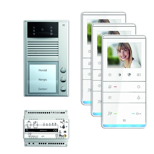 Systém ovládání dveří TCS video: balíček AP V2D pro 3 bytové jednotky, s předními dveřmi AVC 3 zvonková tlačítka, 3x video handsfree reproduktor IVW5211, napájení, PVC2330-0010