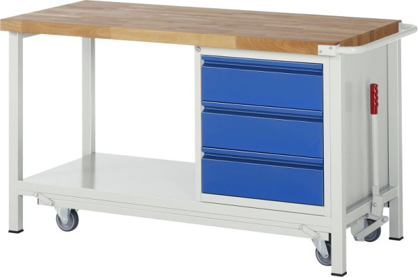 Pracovní stůl RAU série BASIC-8 - model 8157, sklopný, 3x zásuvka, police z ocelového plechu, 1500x880x700 mm, A5-8157I6-15F
