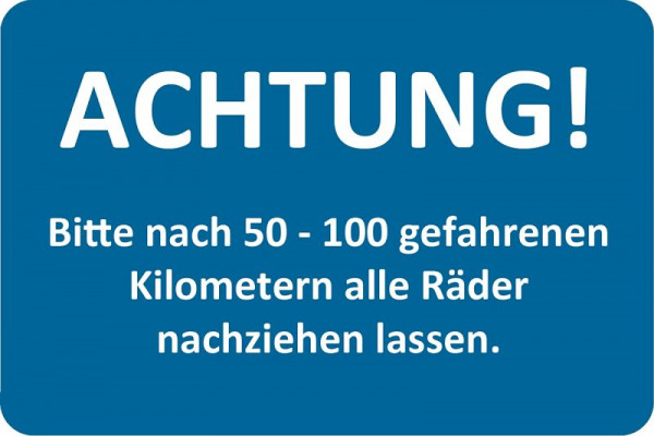 Eichner klantenservice sticker, blauw, tekst: LET OP! Wielen laten spannen, VE: 250 stuks, 9220-00051