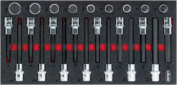 Conjunto de pontas para chave de fenda sextavada VIGOR, quadrado oco 12,5 mm (1/2 pol.), perfil sextavado, 5 - 19, número de ferramentas: 24, V5097