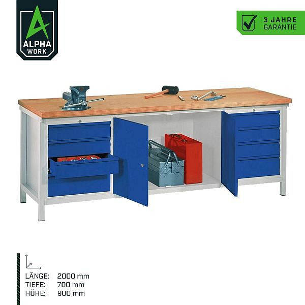 Pracovní stůl Alpha Work, 2000 x 900 x 700 mm, pouzdro: světle šedá, panely: hořcově modrá, buková multiplexová deska, 06051