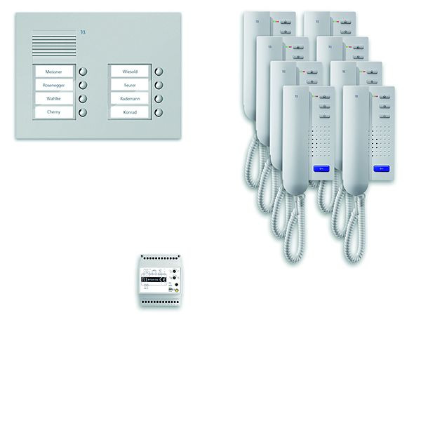 System sterowania drzwiami TCS audio: opakowanie UP na 8 jednostek mieszkalnych, ze stacją zewnętrzną PUK 8 przycisków dzwonkowych 2-kolumnowy, 8x domofon ISH3030, centrala, PPU08/2-PL/02
