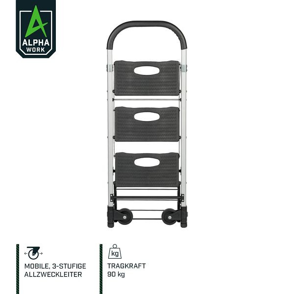 Alpha Work Mobile universele ladder / transportwagen, opklapbaar, 3 treden, 90 kg draagvermogen als wagen, 05902