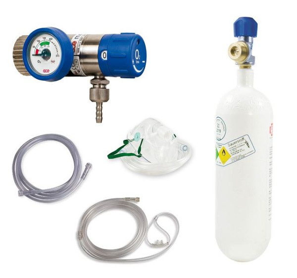 MBS Medizintechnik πλήρες σετ οξυγόνου - μειωτήρας πίεσης και φιάλη 2 λίτρων - ατσάλινο μπουκάλι, επιλογή 2-ατσάλι