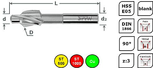 Záhlubník SPPW HSS-E05 90 ° DIN1866 Ø6,0x2,5 M3,0 K, 155800030K